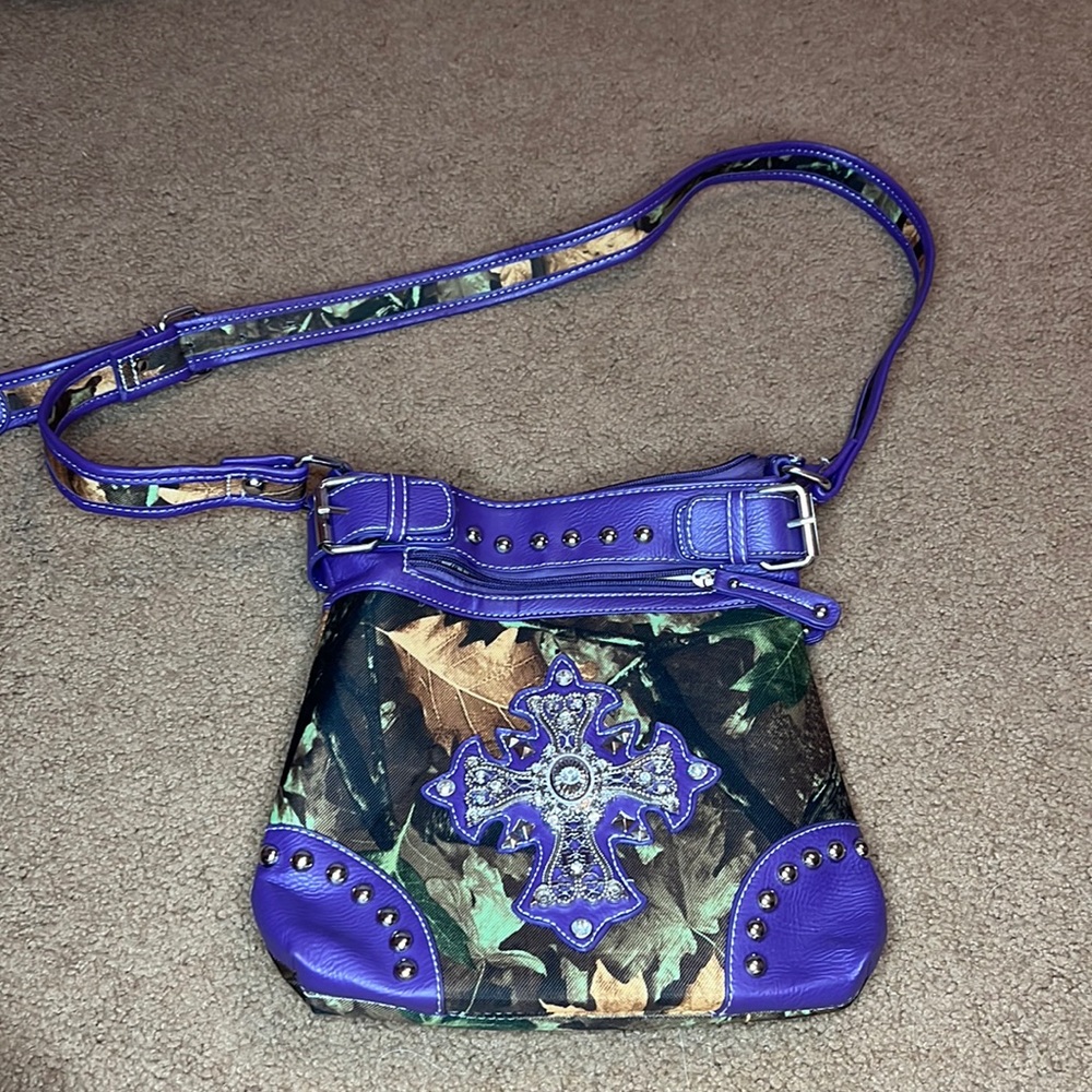 Purple and camo cross body purse